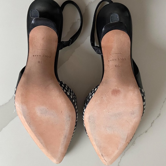 COLE HAAN Highline Black White Snake Print Leather Pointed Toe Slingback Pumps - Picture 6 of 10